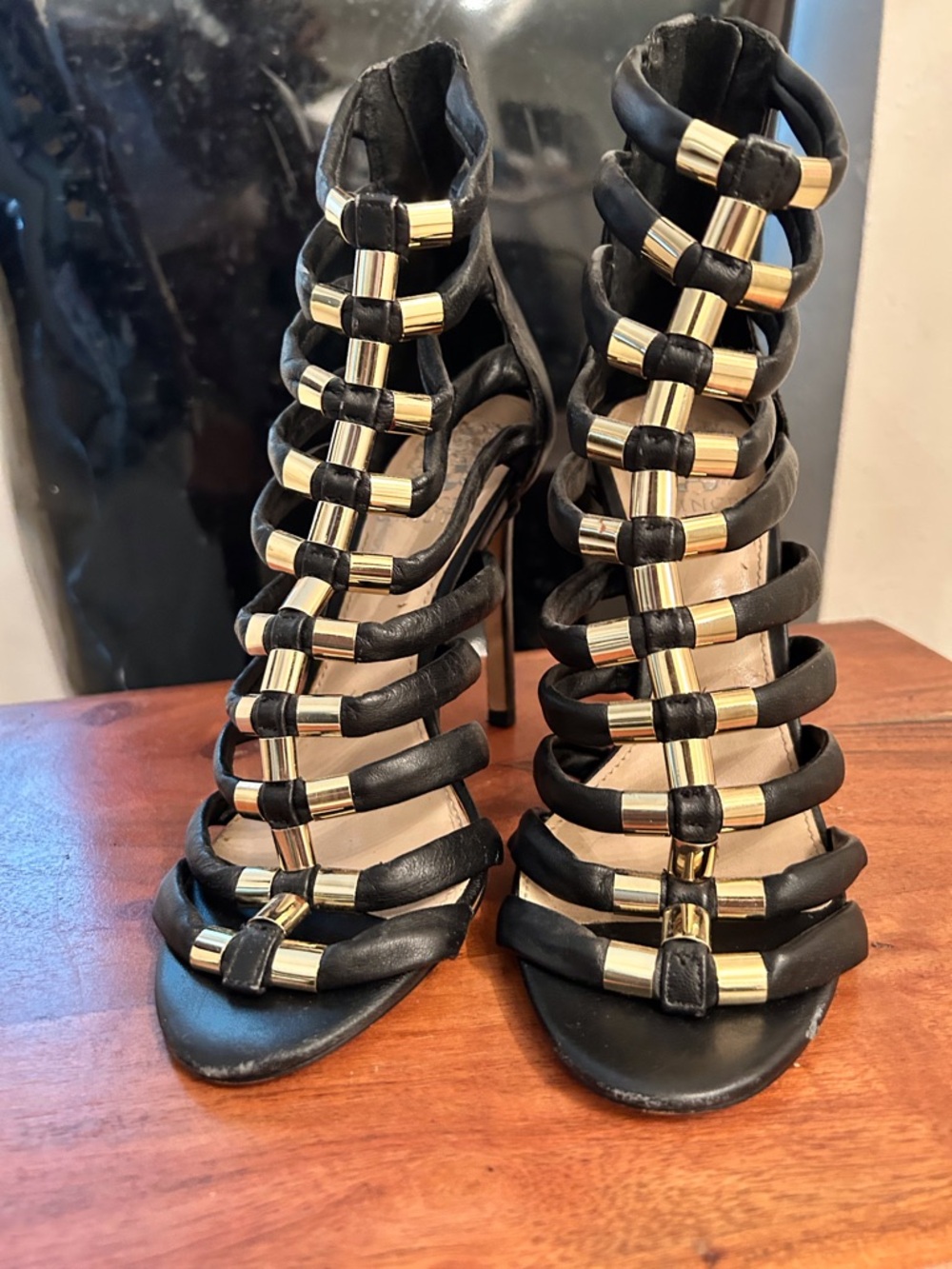 Vince Camuto Black Strappy Gladiator Heels with Gold Accents